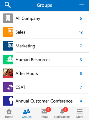 Screenshot of groups in Yammer mobile app