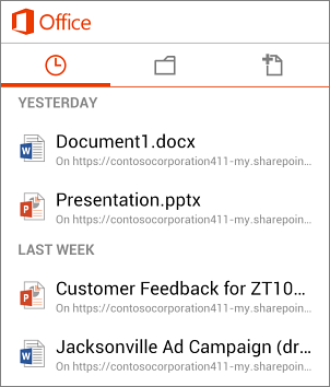 List of recent documents in Office mobile