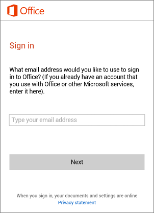 Sign in screen in Office Mobile app