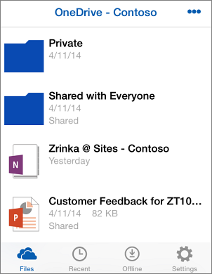 Screenshot of files in the OneDrive for Business app