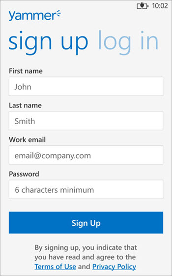 Yammer Sign Up