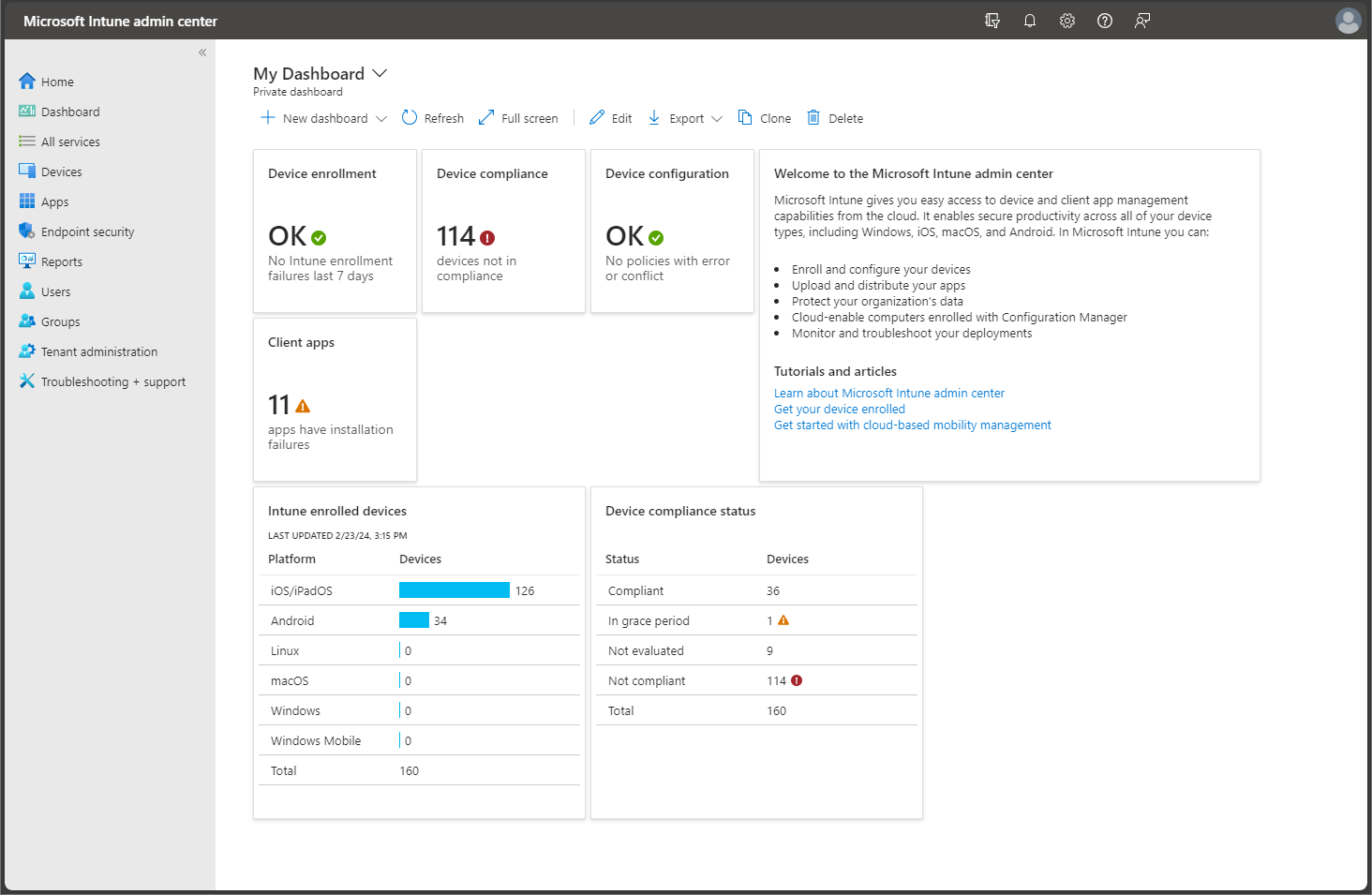 Microsoft Intune device management dashboard